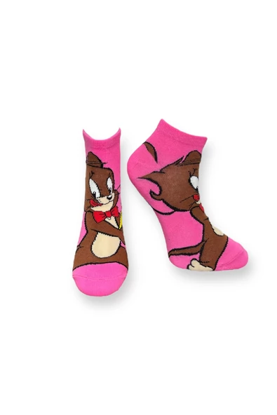 Me-vo Tekli Pembe Renkli Bay/Bayan Unisex Esnek Nem Alabilen Pamuklu Çizgi Film Karakterli Patik Çorap - 2