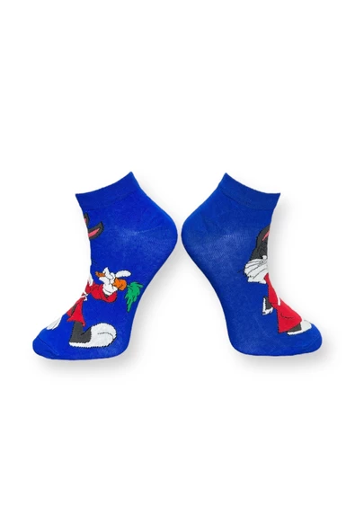 Me-vo Tekli Koyu Mavi Renkli Bay/Bayan Unisex Esnek Nem Alabilen Pamuklu Çizgi Film Karakterli Patik Çorap - Resim 3
