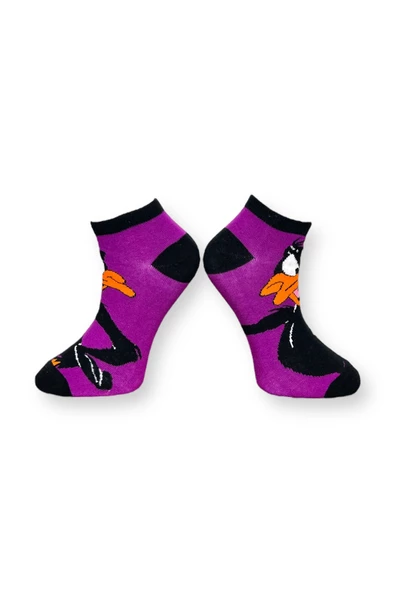 Me-vo Tekli Mor Renkli Bay/Bayan Unisex Esnek Nem Alabilen Pamuklu Çizgi Film Karakterli Patik Çorap - Resim 3