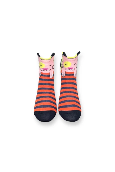 Me-vo Tekli Turuncu Renkli Bay/Bayan Unisex Esnek Nem Alabilen Pamuklu Kedi Desenli Patik Çorap - Resim 3
