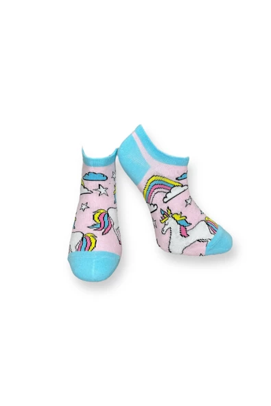 Me-vo Tekli Gökkuşağı Renkli Bay/Bayan Unisex Esnek Nem Alabilen Pamuklu Unicorn Desenli Patik Çorap