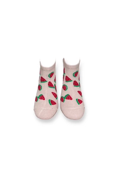 Me-vo Tekli Pudra Renkli Bay/Bayan Unisex Esnek Nem Alabilen Pamuklu Karpuz Desenli Patik Çorap - Resim 3