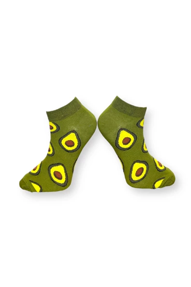 Me-vo Tekli Haki Yeşil Renkli Bay/Bayan Unisex Esnek Nem Alabilen Pamuklu Avokado Desenli Patik Çorap - Resim 2