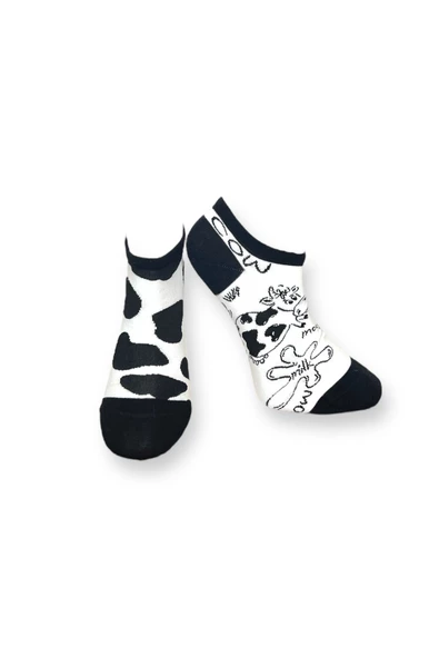 Me-vo Tekli Beyaz Renkli Bay/Bayan Unisex Esnek Nem Alabilen Pamuklu İnek Desenli Patik Çorap - Resim 2