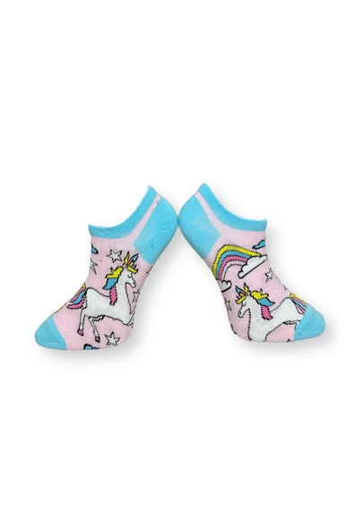 Me-vo Tekli Gökkuşağı Renkli Bay/Bayan Unisex Esnek Nem Alabilen Pamuklu Unicorn Desenli Patik Çorap - Resim 2