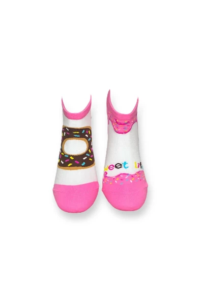 Me-vo Tekli Beyaz Renkli Bay/Bayan Unisex Esnek Nem Alabilen Pamuklu Donat Desenli Patik Çorap - Resim 3