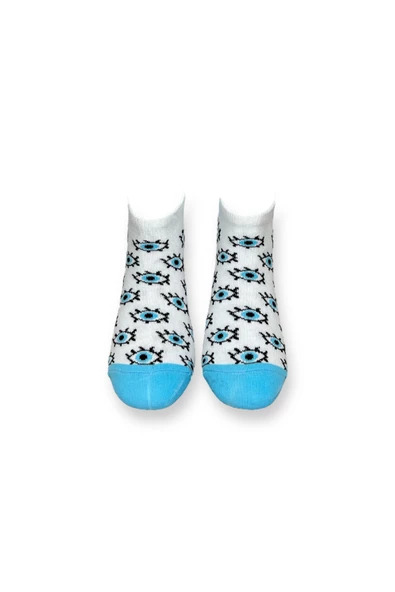Me-vo Tekli Beyaz Renkli Bay/Bayan Unisex Esnek Nem Alabilen Pamuklu Göz Desenli Patik Çorap - Resim 3