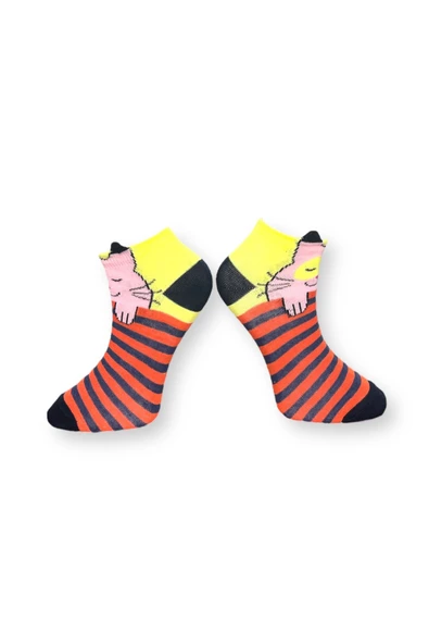 Me-vo Tekli Turuncu Renkli Bay/Bayan Unisex Esnek Nem Alabilen Pamuklu Kedi Desenli Patik Çorap - Resim 2