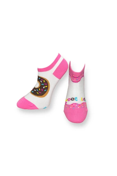 Me-vo Tekli Beyaz Renkli Bay/Bayan Unisex Esnek Nem Alabilen Pamuklu Donat Desenli Patik Çorap - Resim 2