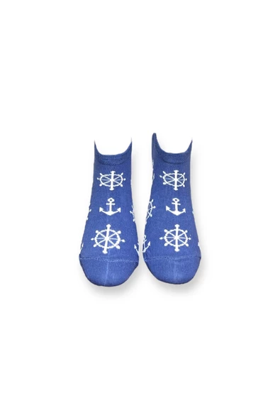 Me-vo Tekli Mavi Renkli Bay/Bayan Unisex Esnek Nem Alabilen Pamuklu Dümen Desenli Patik Çorap - Resim 3