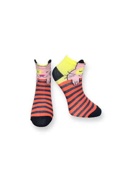 Me-vo Tekli Turuncu Renkli Bay/Bayan Unisex Esnek Nem Alabilen Pamuklu Kedi Desenli Patik Çorap