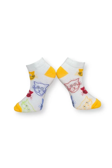 Me-vo Tekli Beyaz Renkli Bay/Bayan Unisex Esnek Nem Alabilen Pamuklu Kedi Desenli Patik Çorap - Resim 2