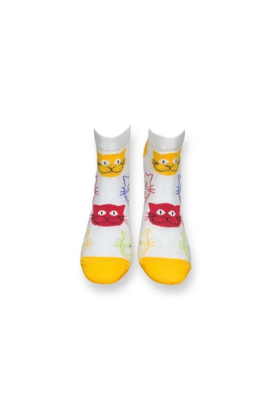 Me-vo Tekli Beyaz Renkli Bay/Bayan Unisex Esnek Nem Alabilen Pamuklu Kedi Desenli Patik Çorap - Resim 3