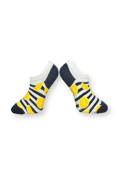 Me-vo Tekli Lacivert Renkli Bay/Bayan Unisex Esnek Nem Alabilen Pamuklu Limon Desenli Patik Çorap - Resim 2