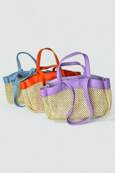 Me-vo Kadın Hasır Lila Renkli Cüzdanlı El ve Omuz Çantası - Resim 3