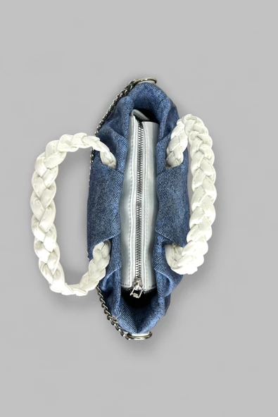 Me-vo Kadın Beyaz Renkli Denim Desenli Küçük El ve Omuz Çantası - Resim 3