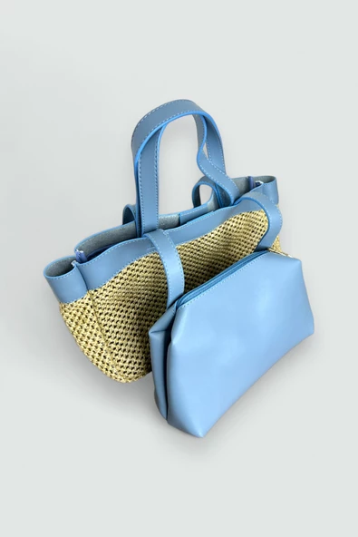 Me-vo Kadın Hasır Mavi Renkli Cüzdanlı El ve Omuz Çantası - Resim 3