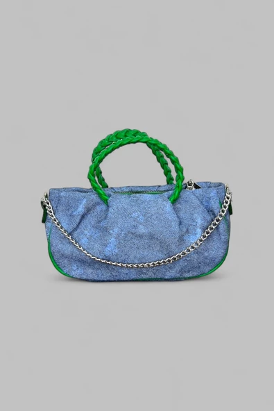 Me-vo Kadın Yeşil Renkli Denim Desenli Küçük El ve Omuz Çantası ürün görseli