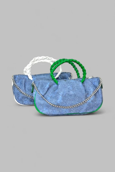 Me-vo Kadın Yeşil Renkli Denim Desenli Küçük El ve Omuz Çantası - Resim 4