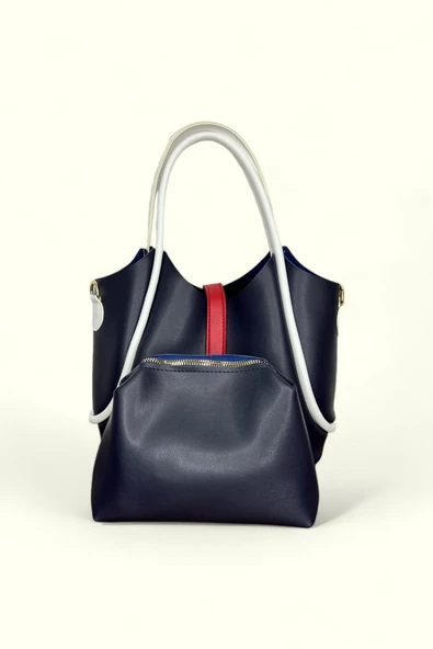 Me-vo Kadın Suni Deri Lacivert Renkli Cüzdanlı El ve Omuz Çantası - Resim 2