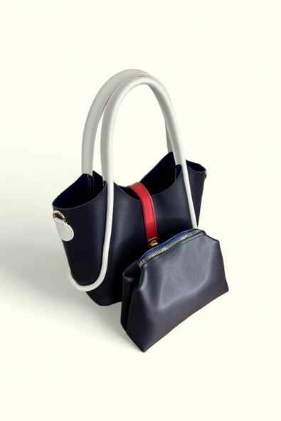 Me-vo Kadın Suni Deri Lacivert Renkli Cüzdanlı El ve Omuz Çantası - Resim 3