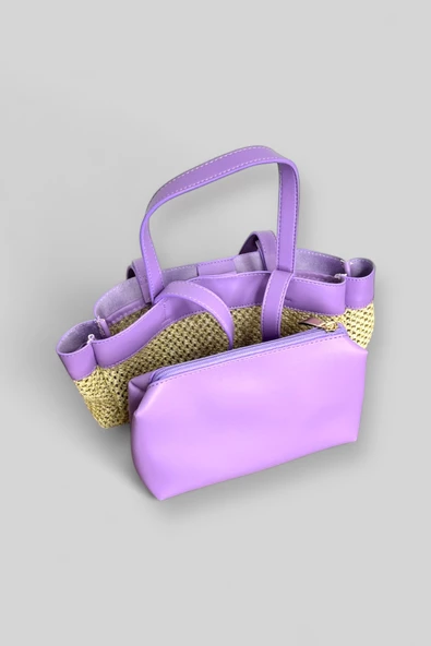 Me-vo Kadın Hasır Lila Renkli Cüzdanlı El ve Omuz Çantası - Resim 2