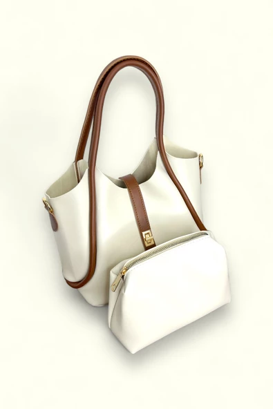 Me-vo Kadın Suni Deri Krem Renkli Cüzdanlı El ve Omuz Çantası - Resim 3