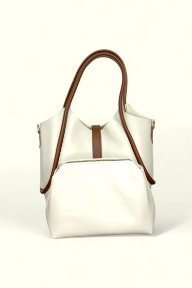 Me-vo Kadın Suni Deri Krem Renkli Cüzdanlı El ve Omuz Çantası - Resim 2