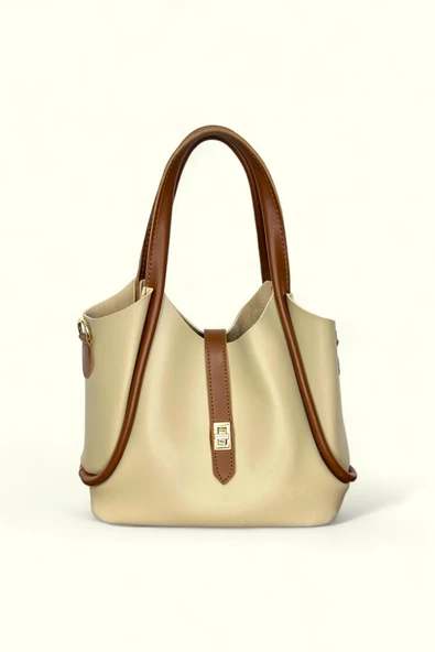 Me-vo Kadın Suni Deri Bej Renkli Cüzdanlı El ve Omuz Çantası ürün görseli