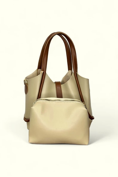 Me-vo Kadın Suni Deri Bej Renkli Cüzdanlı El ve Omuz Çantası - Resim 2