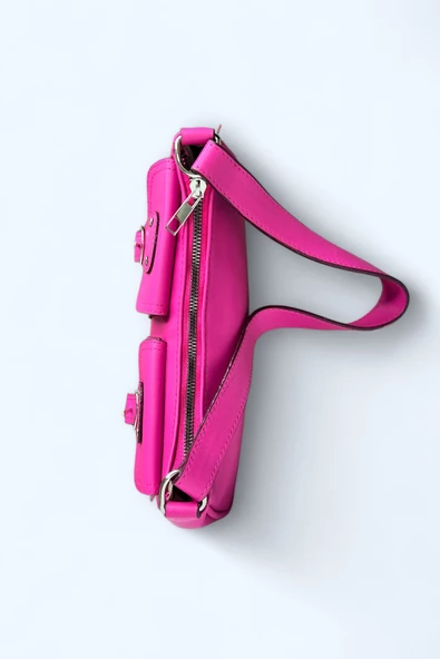 Me-vo Kadın Pembe Renkli Suni Deri Mini Boy 2 Küçük Cepli Çanta - Resim 3