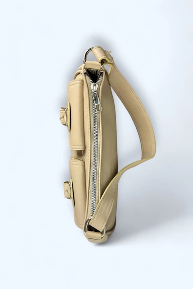 Me-vo Kadın Bej Renkli Suni Deri Mini Boy 2 Küçük Cepli Çanta - Resim 3