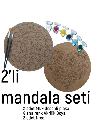 dudu ahşap 2Li Mandala Boyama Seti- 2 DESENLİ PLAKA-6 RENK AKRİLİK BOYA-2 ADET FIRÇA - 2
