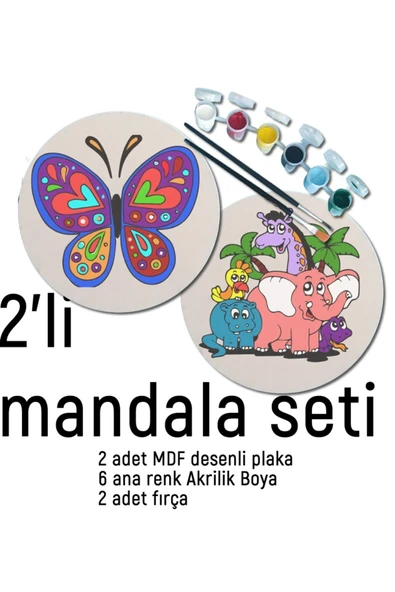 dudu ahşap 2Li Mandala Boyama Seti- 2 DESENLİ PLAKA-6 RENK AKRİLİK BOYA-2 ADET FIRÇA