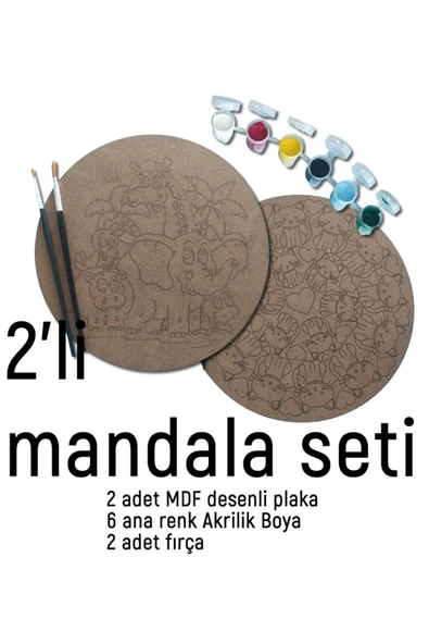 dudu ahşap 2Li Mandala Boyama Seti- 2 DESENLİ PLAKA-6 RENK AKRİLİK BOYA-2 ADET FIRÇA - 2