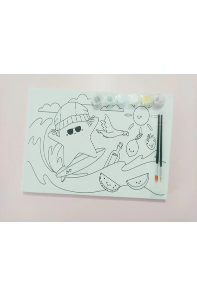 dudu ahşap 25x35 Resimli Tuval Çocuk Boyama Seti-Deniz Yıldızı-6 renk akrilik boya ve 2 adet fırça - 5