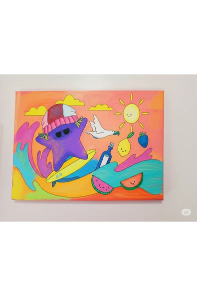 dudu ahşap 25x35 Resimli Tuval Çocuk Boyama Seti-Deniz Yıldızı-6 renk akrilik boya ve 2 adet fırça - 2