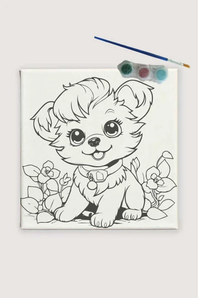 dudu ahşap 20x20 Resimli Tuval Çocuk Boyama Seti- Sevimli Köpek-2 3 Akrilik Boya+ 1 Fırça ile birlikte