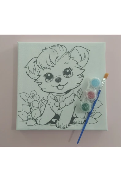 dudu ahşap 20x20 Resimli Tuval Çocuk Boyama Seti- Sevimli Köpek-2 3 Akrilik Boya+ 1 Fırça ile birlikte - 4
