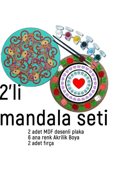 dudu ahşap 2Li Mandala Boyama Seti- 2 DESENLİ PLAKA-6 RENK AKRİLİK BOYA-2 ADET FIRÇA