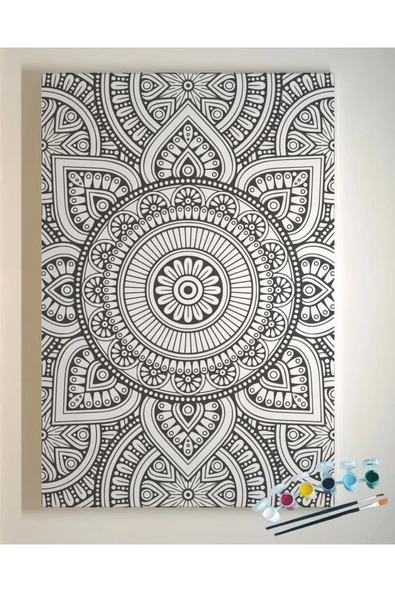 25x35 Resimli Tuval Çocuk Boyama Seti- OTANTİK-MANDALA-6 renk akrilik boya ve 2 fırça adet fırça - 2