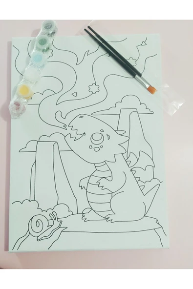 dudu ahşap 25x35 Resimli Tuval Çocuk Boyama Seti- Ejderha-6 renk akrilik boya ve 2 fırça adet fırça - 4