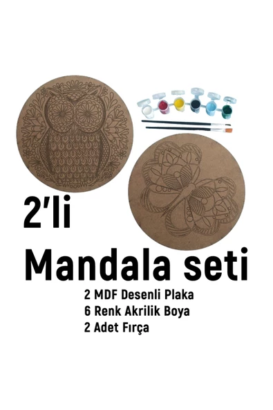 2Li Mandala Boyama Seti- 2 DESENLİ PLAKA-6 RENK AKRİLİK BOYA-2 ADET FIRÇA - 2
