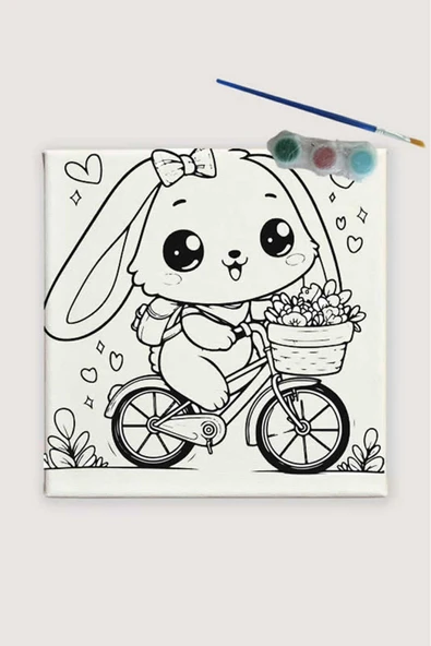 dudu ahşap 20x20 Resimli Tuval Çocuk Boyama Seti- Sevimli Tavşan 3 Akrilik Boya+ 1 Fırça ile birlikte