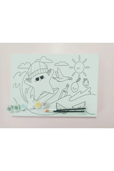 dudu ahşap 25x35 Resimli Tuval Çocuk Boyama Seti-Deniz Yıldızı-6 renk akrilik boya ve 2 adet fırça - 6