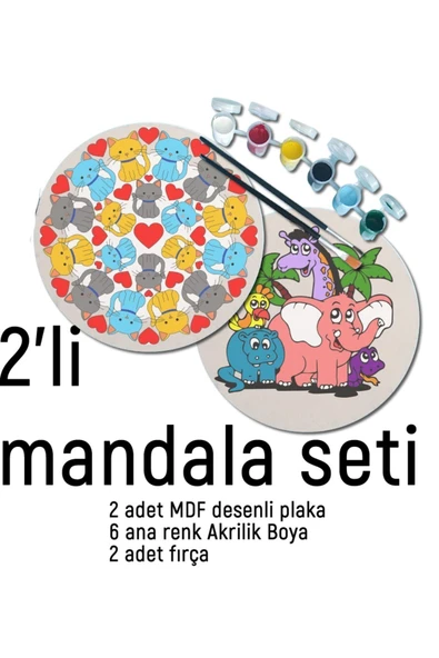 dudu ahşap 2Li Mandala Boyama Seti- 2 DESENLİ PLAKA-6 RENK AKRİLİK BOYA-2 ADET FIRÇA