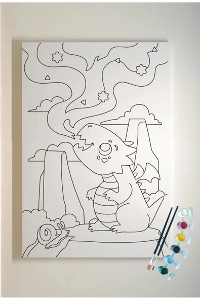 dudu ahşap 25x35 Resimli Tuval Çocuk Boyama Seti- Ejderha-6 renk akrilik boya ve 2 fırça adet fırça - 3