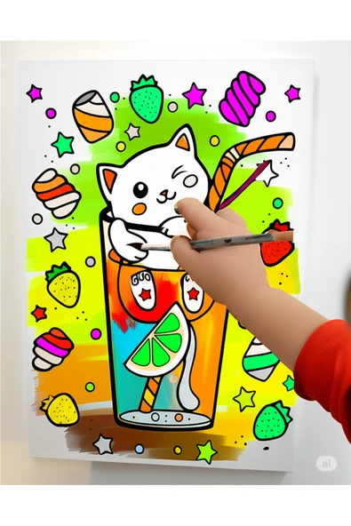 dudu ahşap 25x35 Resimli Tuval Çocuk Boyama Seti- BARDAK KEDİ-6 renk akrilik boya ve 2 fırça adet fırça