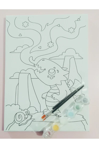 dudu ahşap 25x35 Resimli Tuval Çocuk Boyama Seti- Ejderha-6 renk akrilik boya ve 2 fırça adet fırça - 5