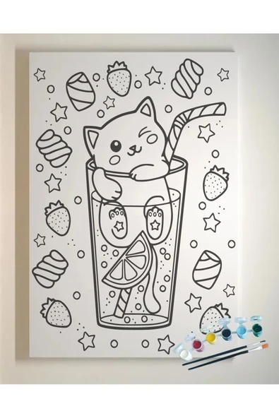 dudu ahşap 25x35 Resimli Tuval Çocuk Boyama Seti- BARDAK KEDİ-6 renk akrilik boya ve 2 fırça adet fırça - 4